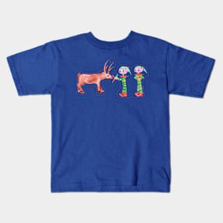 Elves feeding reindeer in Gouache Kids T-Shirt